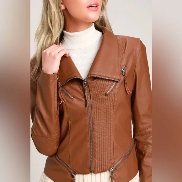 Lulus Up On A Tuesday Camel Vegan Leather Jacket Brown - Size XL - Picture 5 of 9